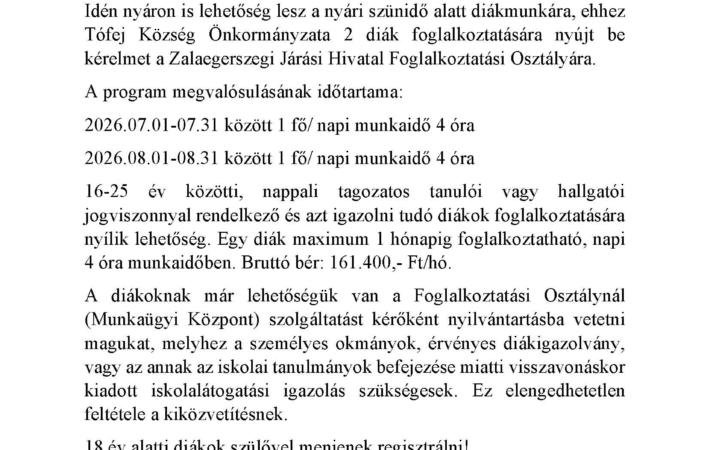 Felhívás nyári Diákmunkára