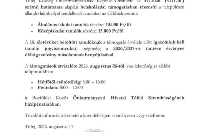 Tájékoztatás beiskolázási támogatásról