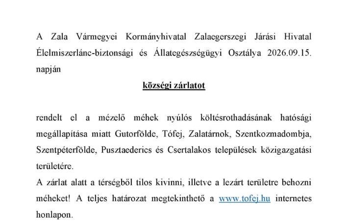 Tisztelt méheszek! zárlat